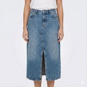 R JEANS Cotton Blend Split Front 5 Pocket Denim Midi Skirt Med Wash US Sz 36